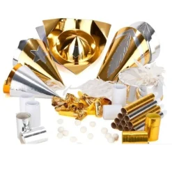 KIT DE FÊTE COTILLONS OR ARGENT BLANC 10 PERSONNES