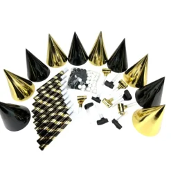 KIT DE FÊTE 10 PERSONNES COTILLONS NOIR OR MÉTAL