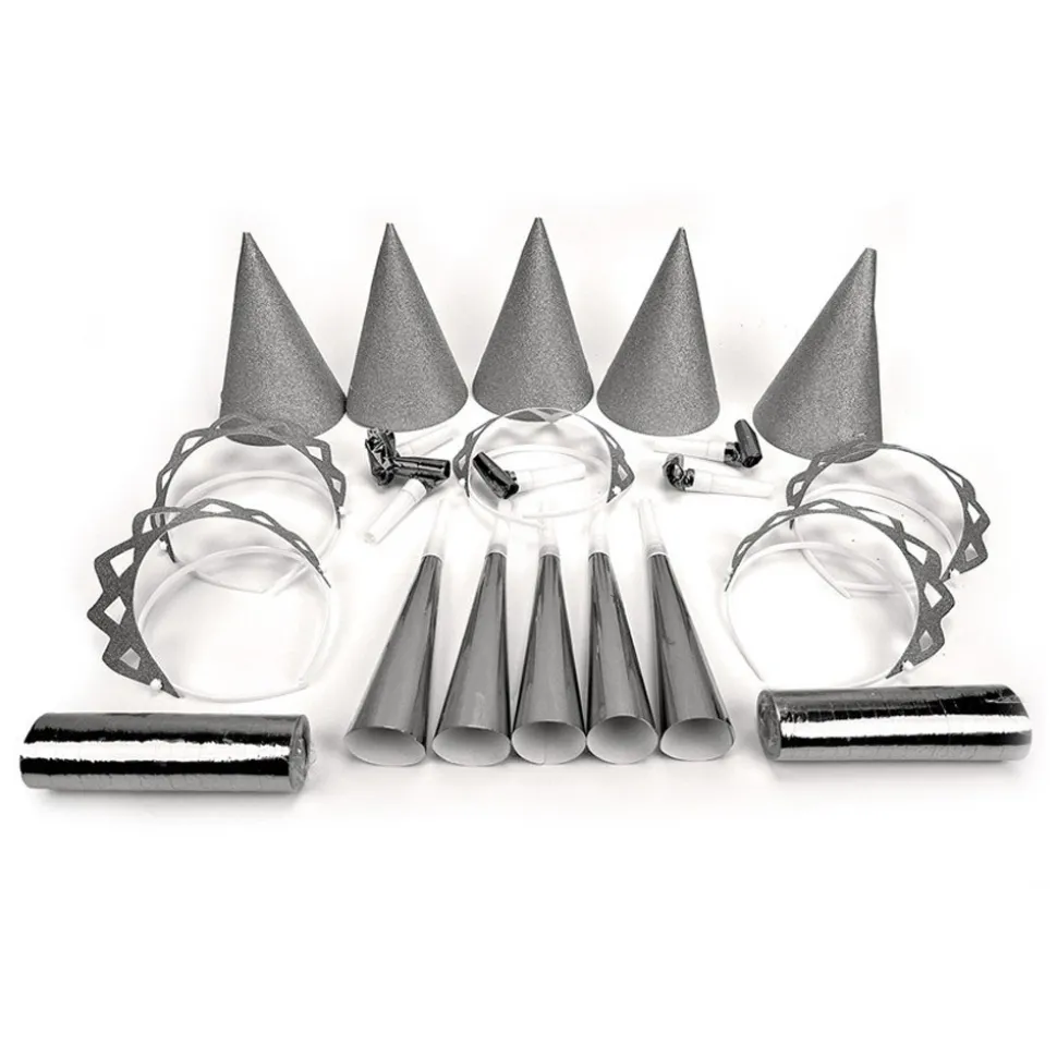 KIT DE FÊTE 10 PERSONNES COTILLONS ARGENT PAILLETÉ
