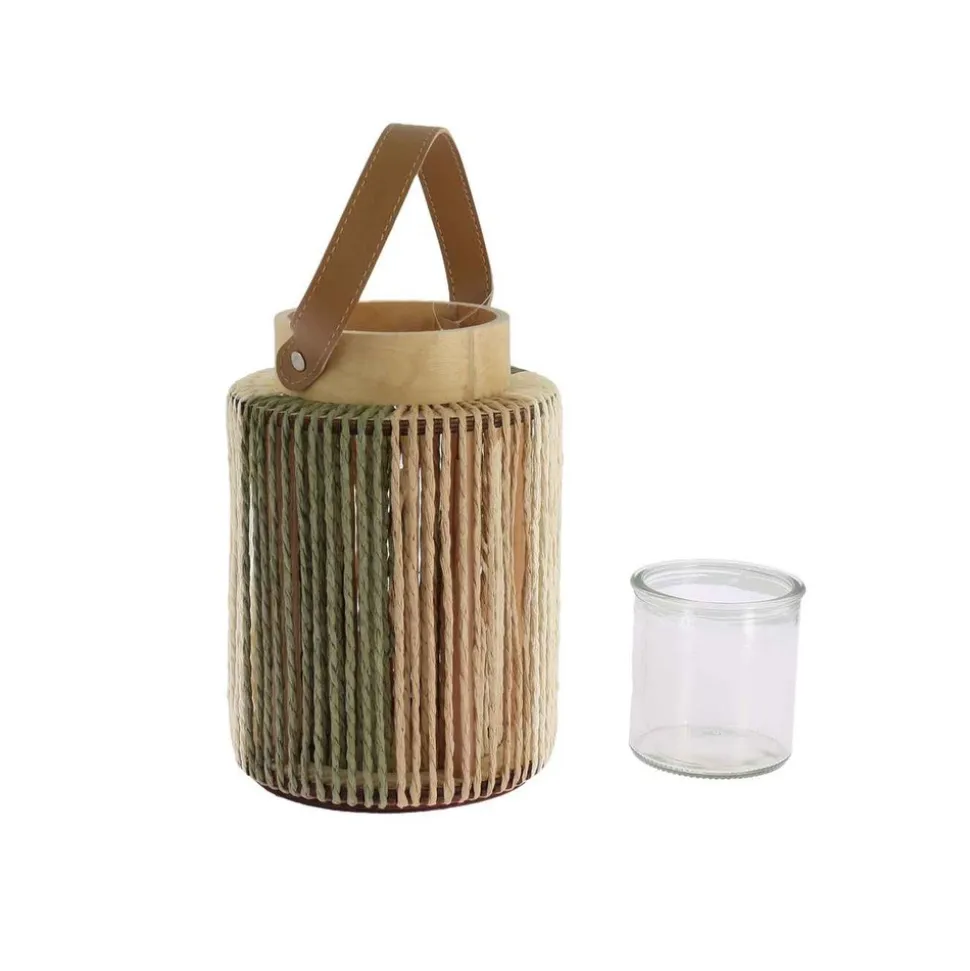 LANTERNE BOIS FICELLE VERRE 20CM NATURE CRÈME VERT