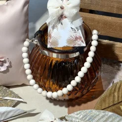 LANTERNE DE TABLE ANSE PERLES BOIS 12X13CM AMBRE