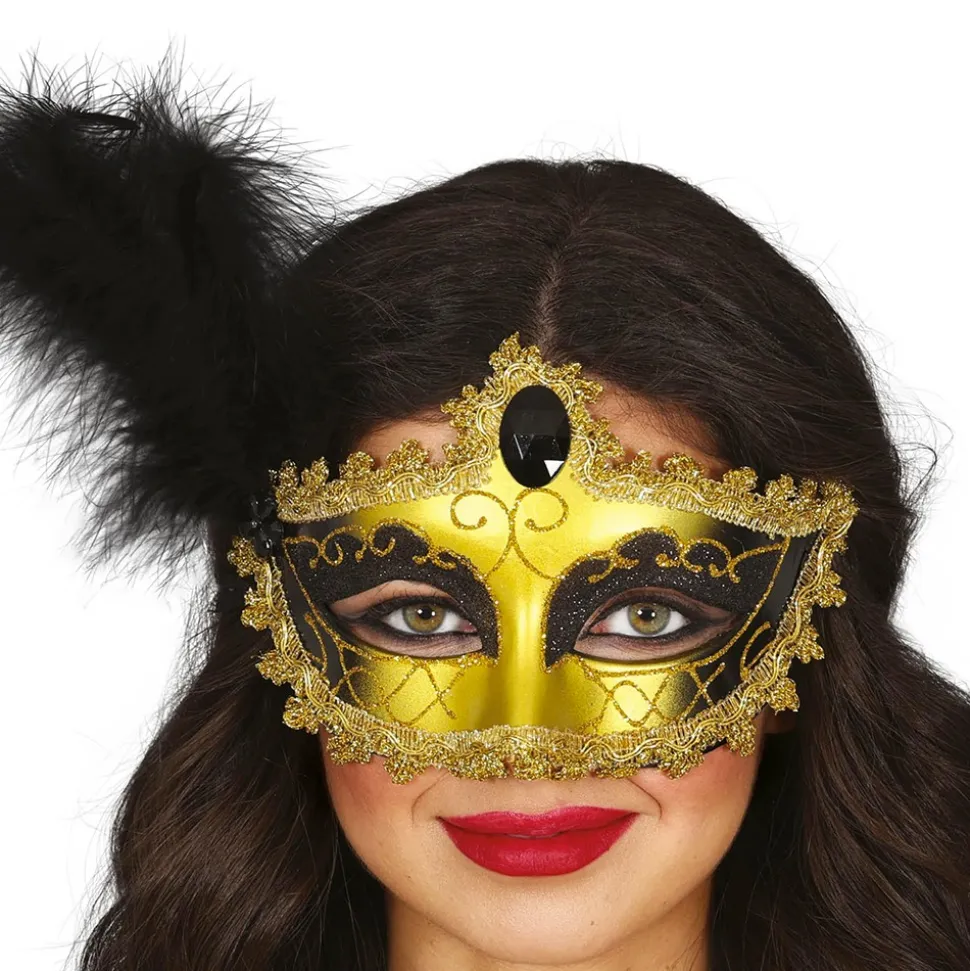 MASQUE LOUP VÉNITIEN BAROQUE PLUME OR-NOIR ADULTE
