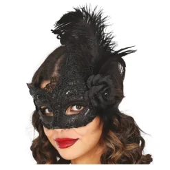 MASQUE VENISE ROSE PLUMES PAILLETTES NOIR ADULTE