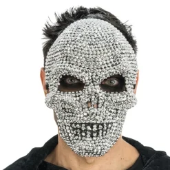 MASQUE VISAGE CRÂNE STRASS 16X24.5CM ARGENT ADULTE