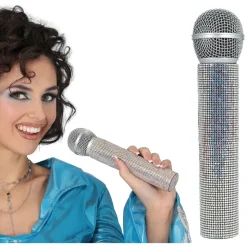 MICROPHONE FACTICE FACETTES DISCO 21CM ARGENT