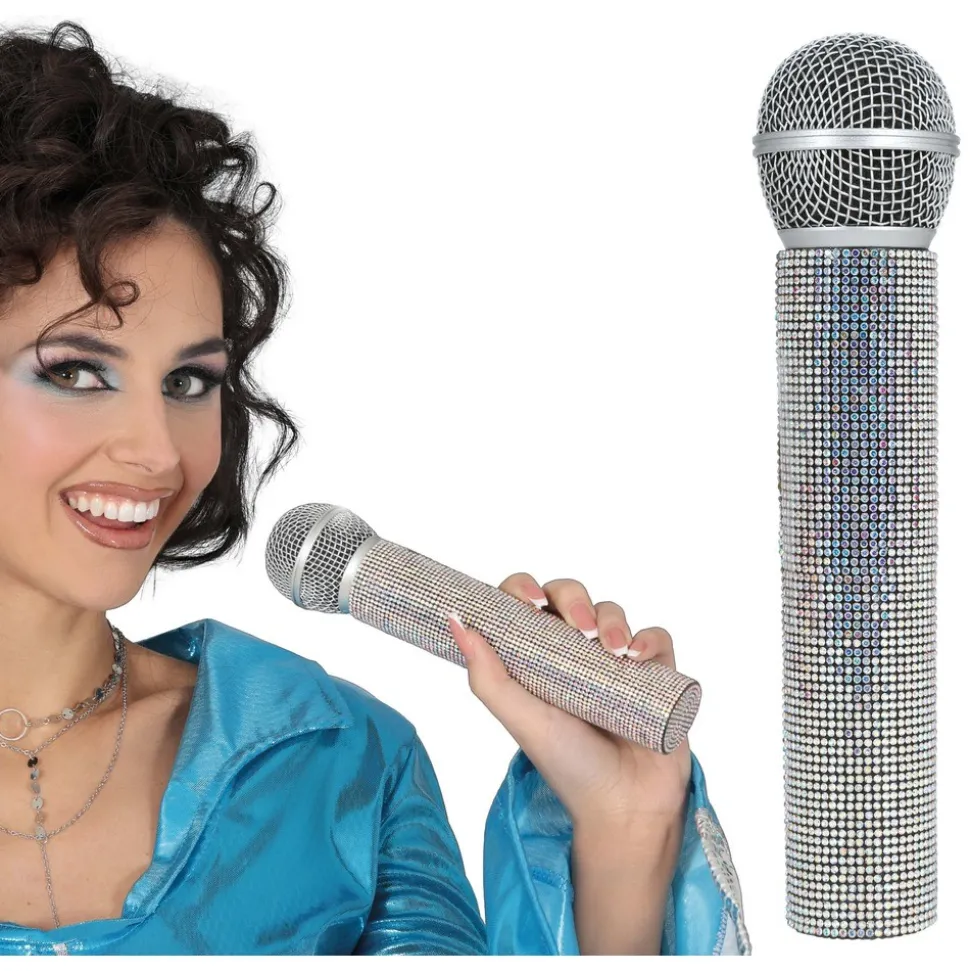 MICROPHONE FACTICE FACETTES DISCO 21CM ARGENT