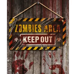 PANCARTE BOIS AVERTISSEMENT ZONE ZOMBIE 35X20CM