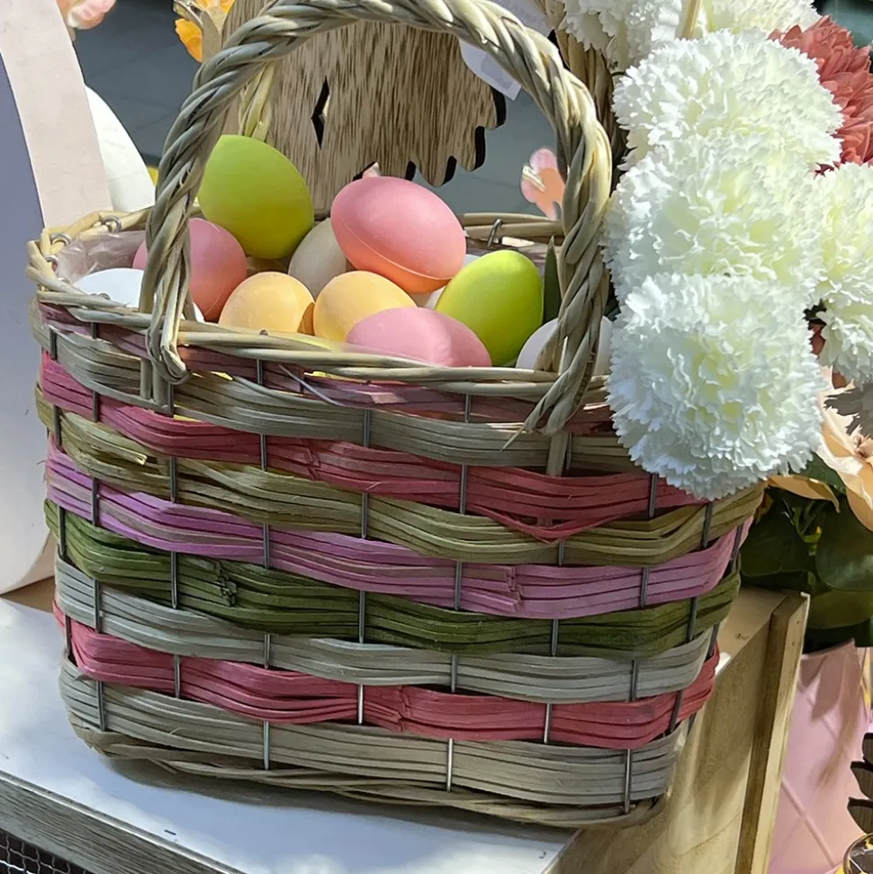 PANIER ROTIN LIGNES COULEUR POIGNÉES 27X15X18CM