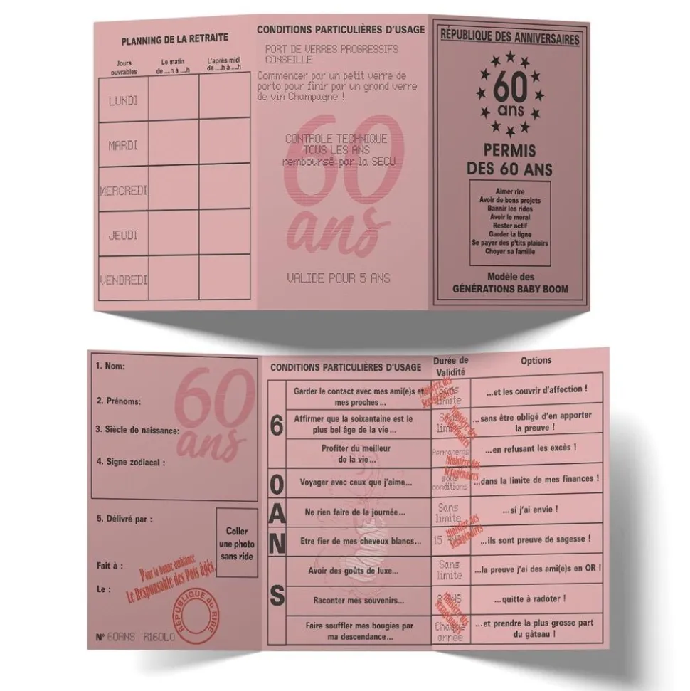 PERMIS CARTON ANNIVERSAIRE 60AINE 14.5X20.5CM ROSE