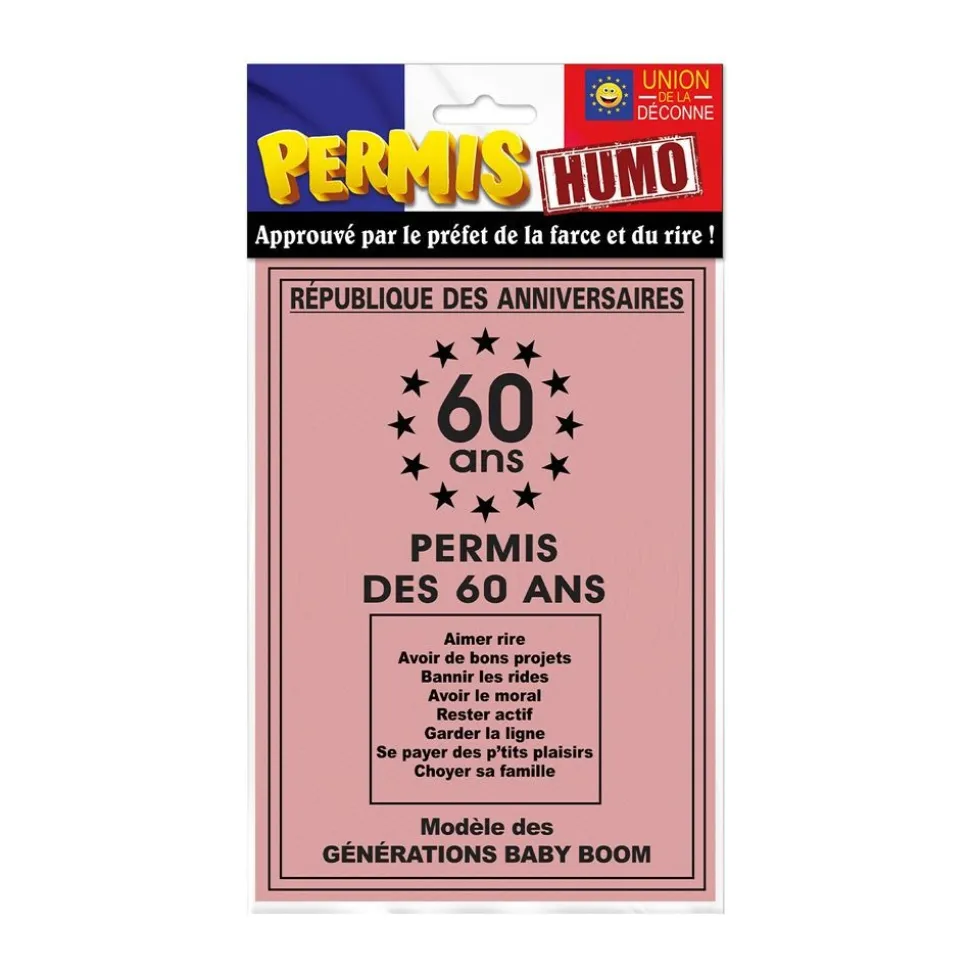 PERMIS CARTON ANNIVERSAIRE 60AINE 14.5X20.5CM ROSE