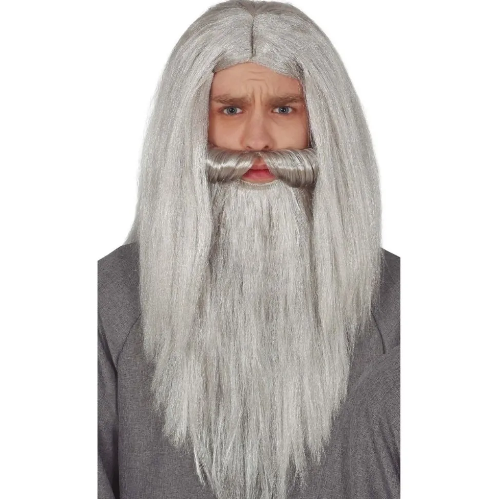 PERRUQUE BARBE LONG GRIS VIEUX SAGE HOMME