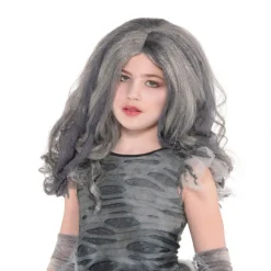 PERRUQUE CADAVRE CHEVEUX LONG BOUCLES GRIS FILLE