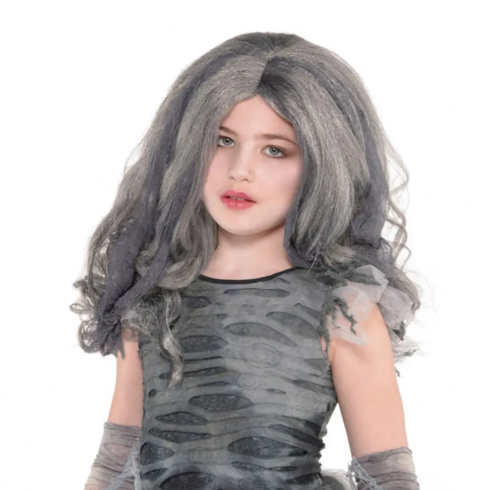 PERRUQUE CADAVRE CHEVEUX LONG BOUCLES GRIS FILLE
