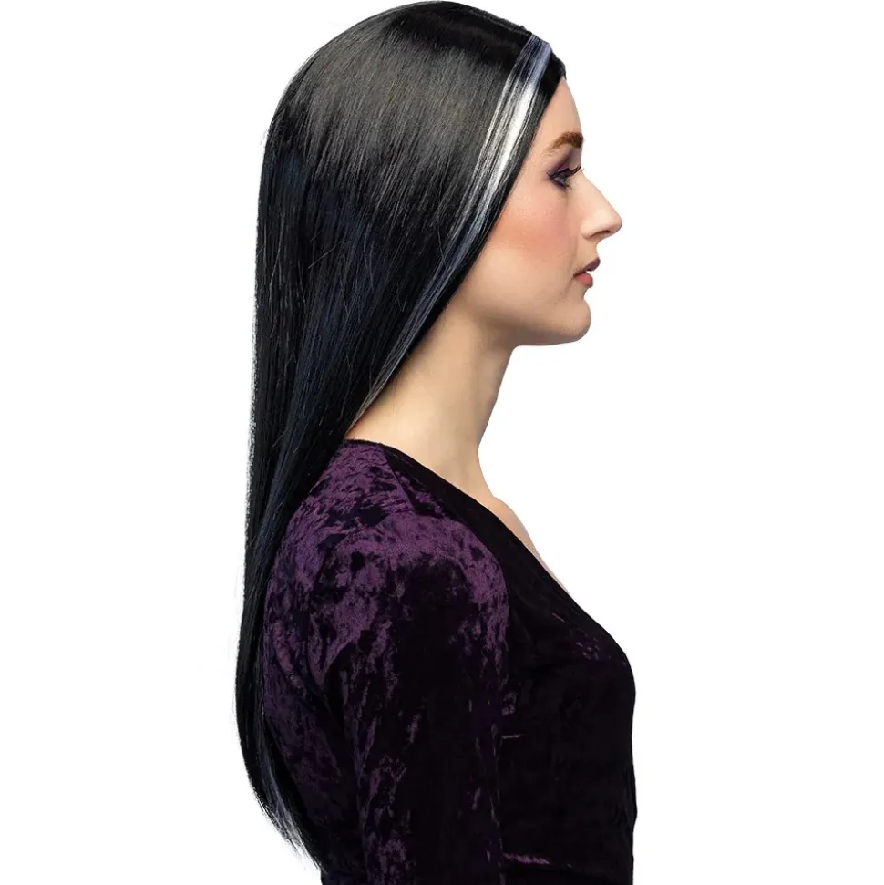 PERRUQUE CHEVEUX LONGS NOIRS MÈCHES BLANCHES FEMME