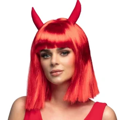 PERRUQUE DIABLESSE ROUGE AVEC CORNES FEMME