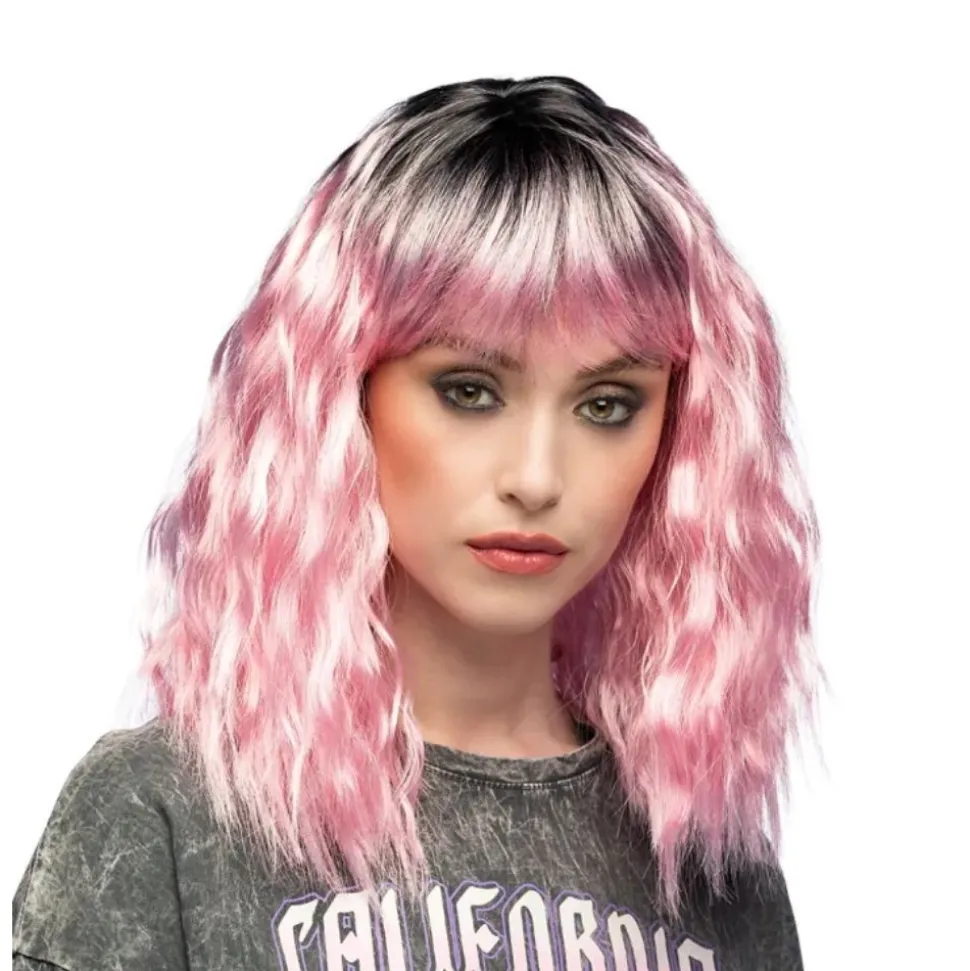 PERRUQUE ROCK ONDULÉ MI-LONG NOIR ROSE FEMME