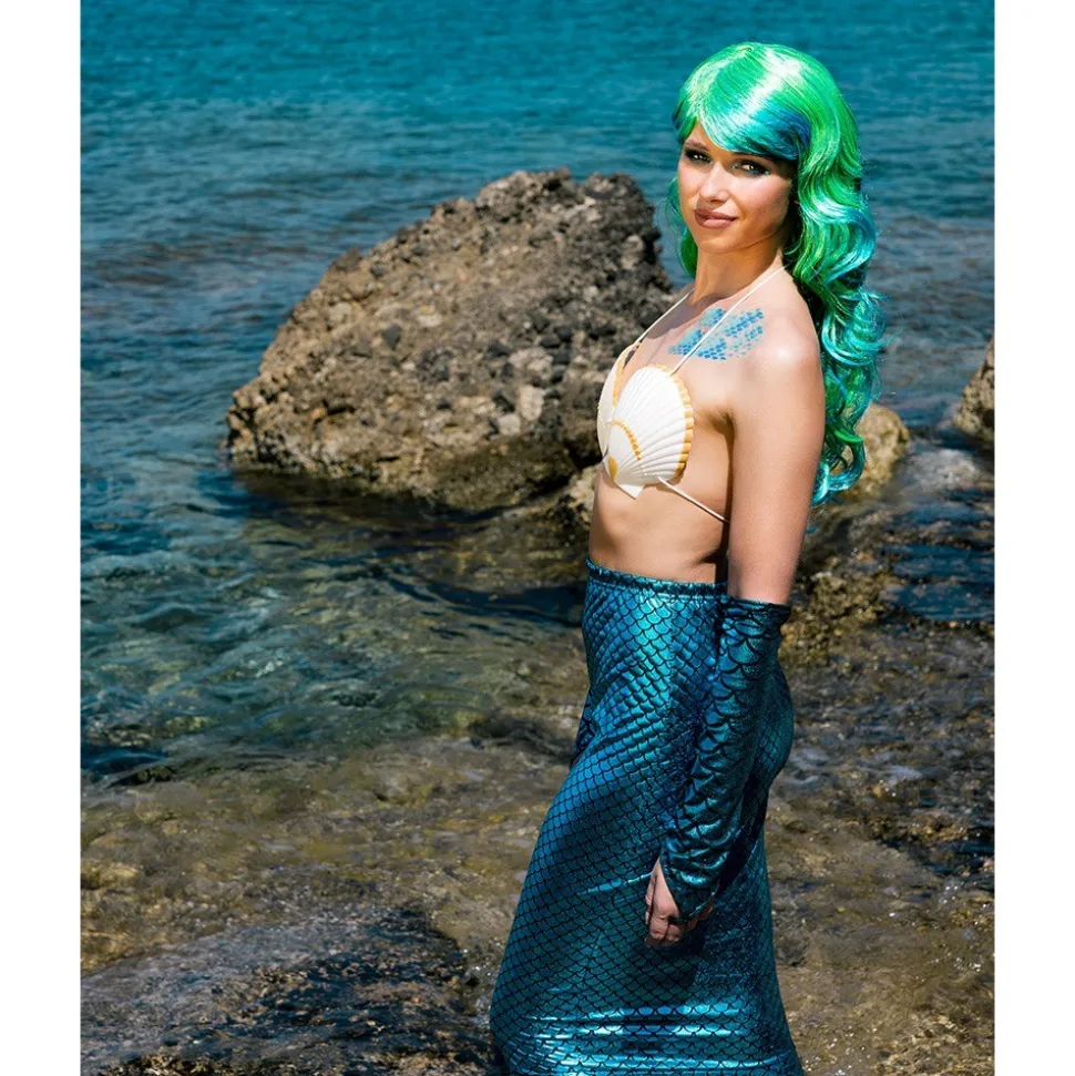 PERRUQUE SIRÈNE CHEVELURE LONGUE BLEU VERT FEMME