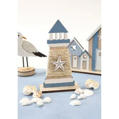 PHARE BOIS DÉCORATIF CORDE ÉTOILE MER 15.5X9X4CM