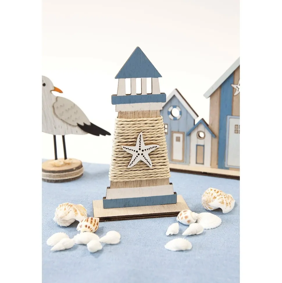 PHARE BOIS DÉCORATIF CORDE ÉTOILE MER 15.5X9X4CM