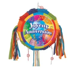 PIÑATA À TIRER ROND JOYEUX ANNIVERSAIRE COLORÉ