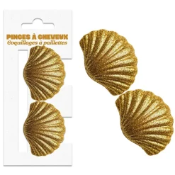 2 PINCES CHEVEUX COQUILLAGE PLAGE PAILLETTES OR