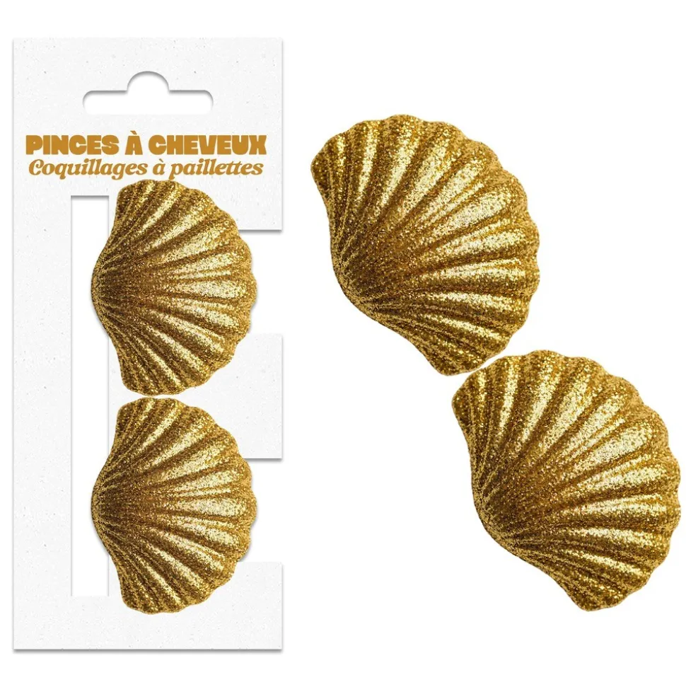 2 PINCES CHEVEUX COQUILLAGE PLAGE PAILLETTES OR