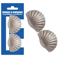 2 PINCES CHEVEUX COQUILLAGE PLAGE PAILLETTES ARGENT
