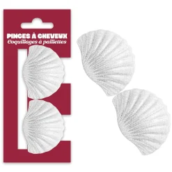 2 PINCES CHEVEUX COQUILLAGE PLAGE PAILLETTES BLANC