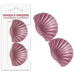 2 PINCES CHEVEUX COQUILLAGE PLAGE PAILLETTES ROSE