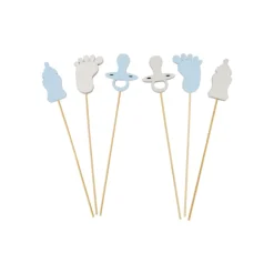 6 PIQUES BOIS MOTIFS DÉCO NAISSANCE 21CM BLEU CIEL