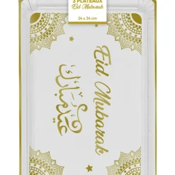 3 PLATEAUX CARTON EID MUBARAK 24X34CM BLANC OR