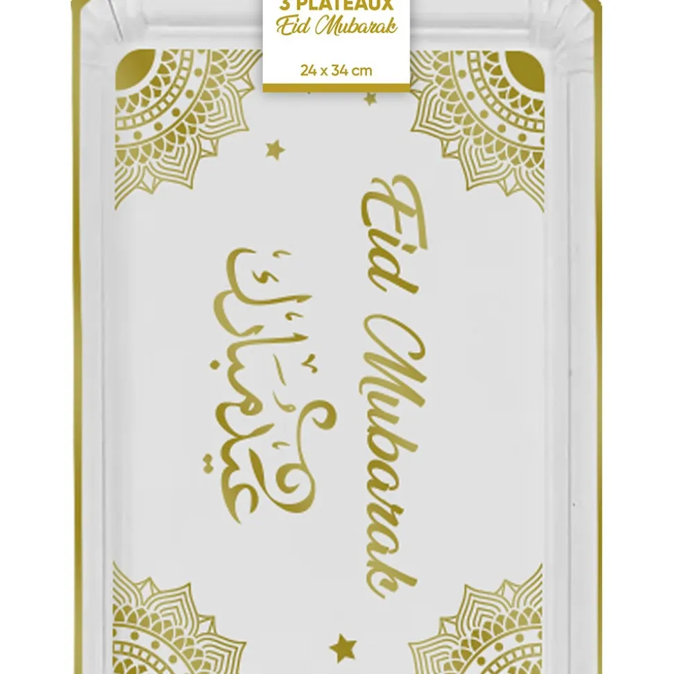 3 PLATEAUX CARTON EID MUBARAK 24X34CM BLANC OR