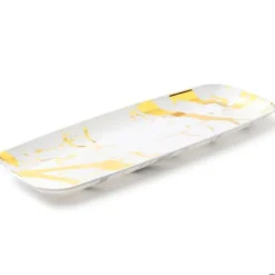 2 PLATS TRAITEUR RECTANGLE MARBRÉ 44X16CM BLANC OR