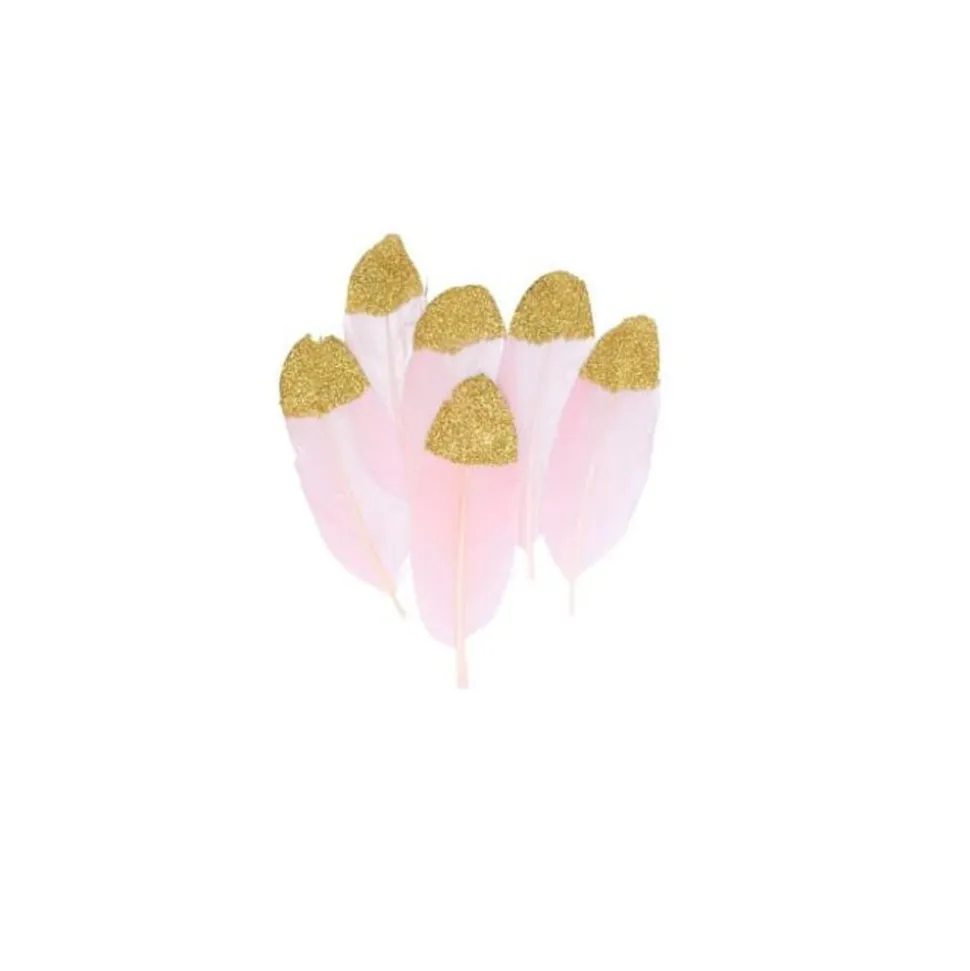6 PLUMES ROSE POINTE OR PAILLETÉ 11X3.5CM