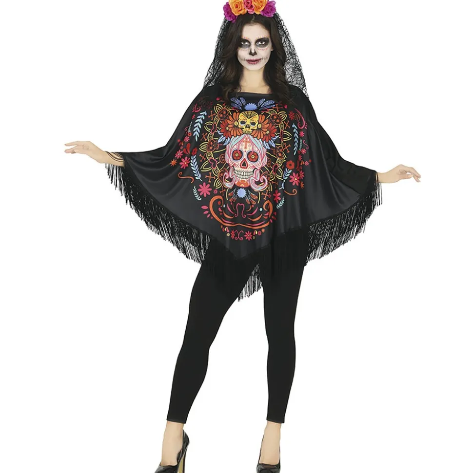 PONCHO SQUELETTE FLEURI JOUR DES MORTS FEMME