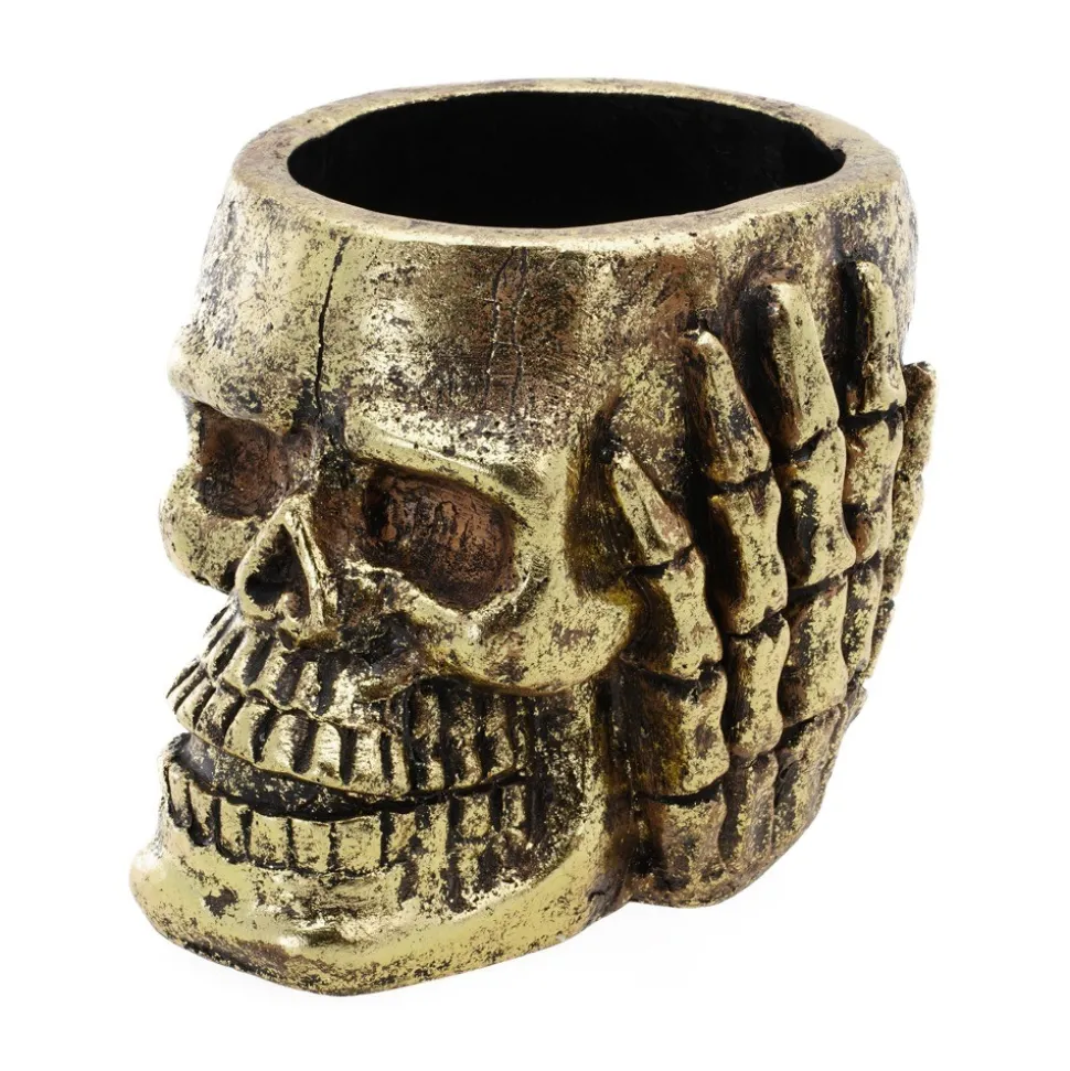 POT TÊTE DE MORT RÉSINE 16X18.5CM OR ANTIQUE