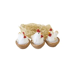 3 POULES RÉSINE DANS NID PAILLE 3.8CM BLANC