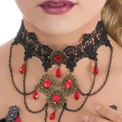 RAS-DE-COU DENTELLE PERLES GOTHIQUE ROUGE ADULTE