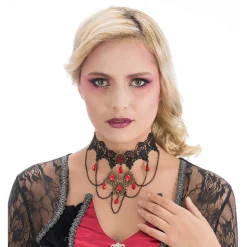 RAS-DE-COU DENTELLE PERLES GOTHIQUE ROUGE ADULTE
