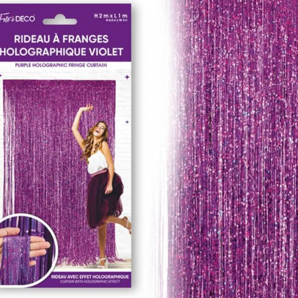 RIDEAU DE FÊTE FRANGES HOLOGRAPHIQUES 2X1M VIOLET