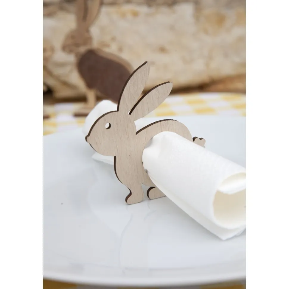 4 RONDS DE SERVIETTE BOIS LAPIN 8CM NATURE BLANC