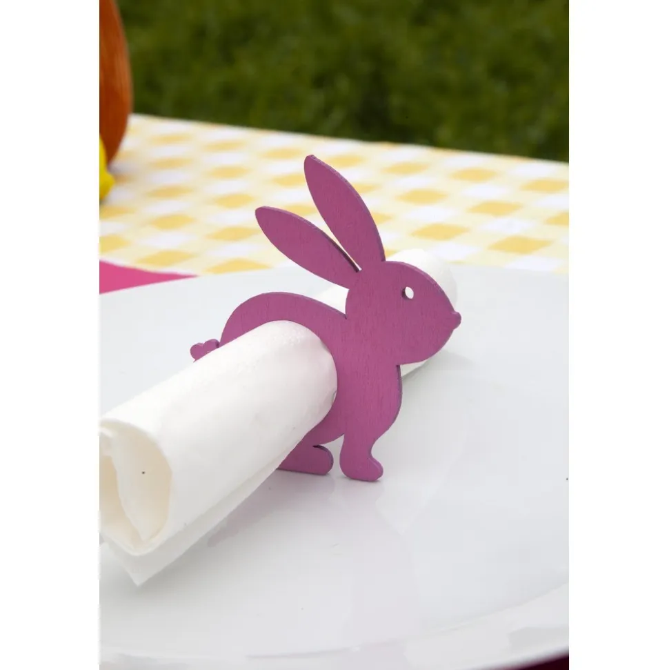 4 RONDS DE SERVIETTE BOIS LAPIN 8CM TONS VIFS