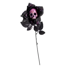 ROSE ARTIFICIELLE TÊTE DE MORT 42CM NOIR PAILLETÉ