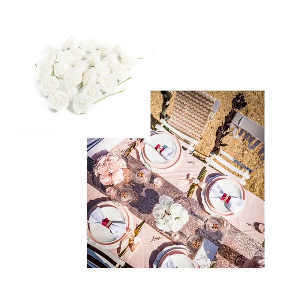24 ROSES MOUSSE 4CM BLANCHES PAILLETTÉS