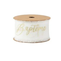 RUBAN SOIE EFFILOCHÉ BAPTÊME OR 4CMX3M BLANC