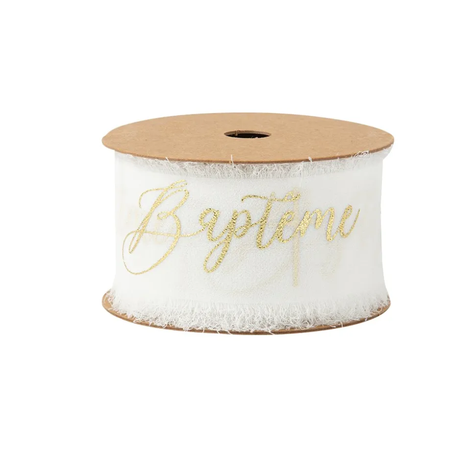 RUBAN SOIE EFFILOCHÉ BAPTÊME OR 4CMX3M BLANC