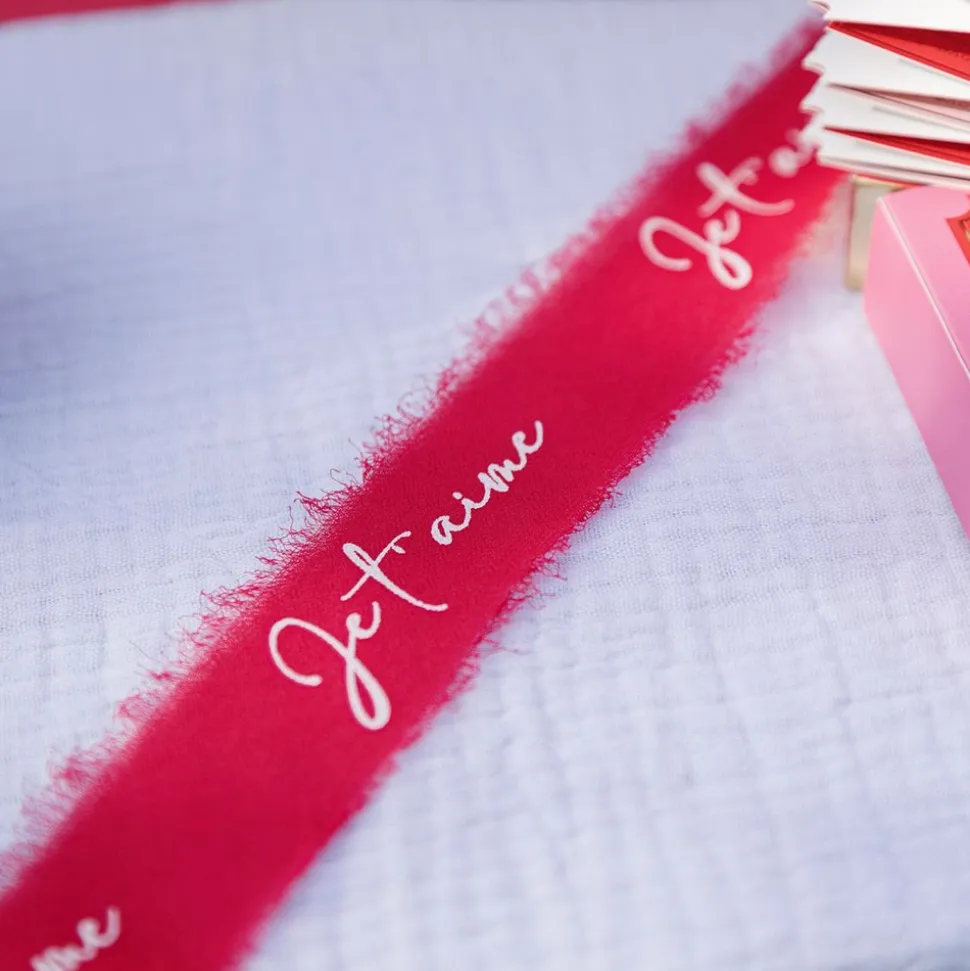 RUBAN SOIE EFFILOCHÉ JE T'AIME BLANC 4CMX3M ROUGE