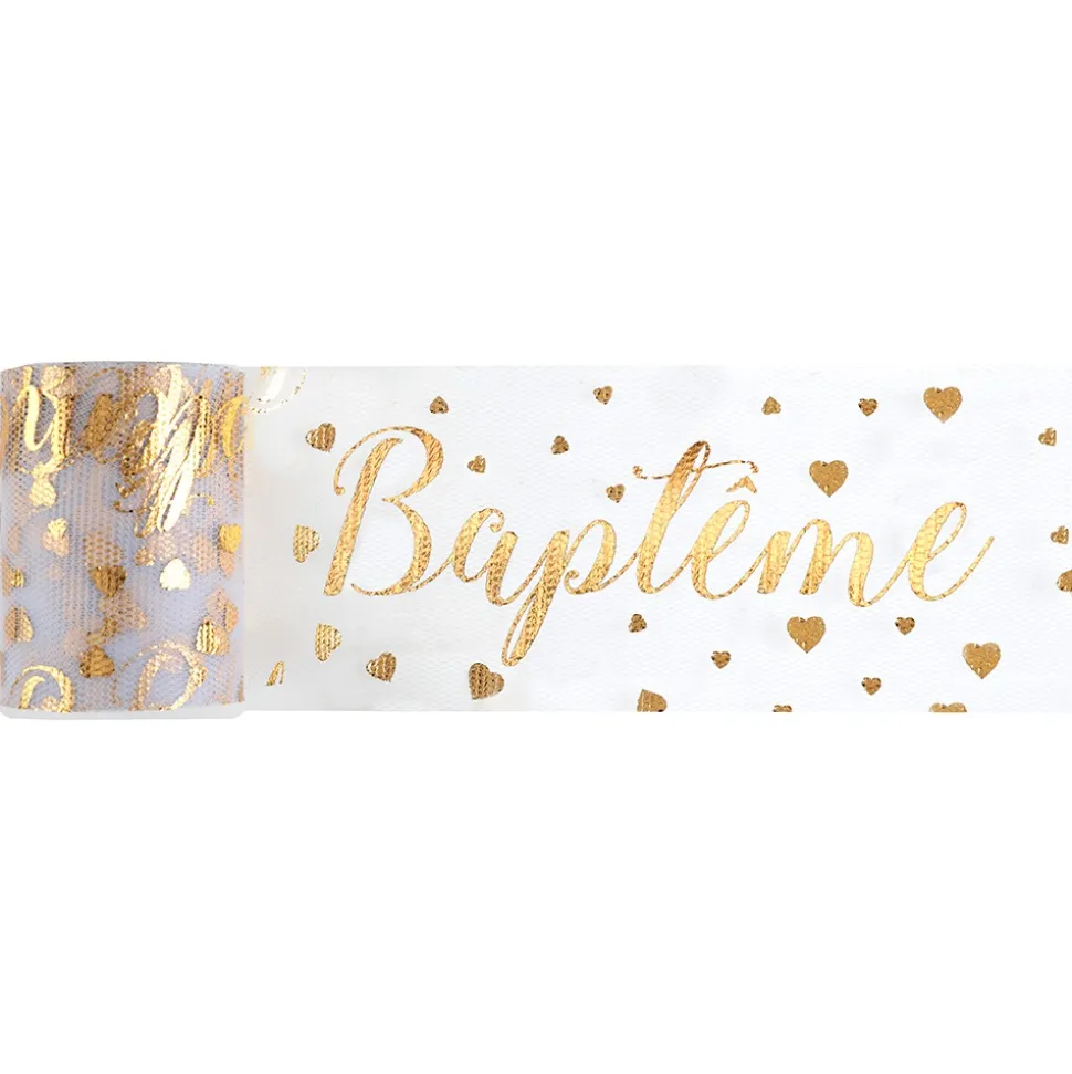 RUBAN TULLE POLYESTER BAPTÊME CUR 8CMX10M OR