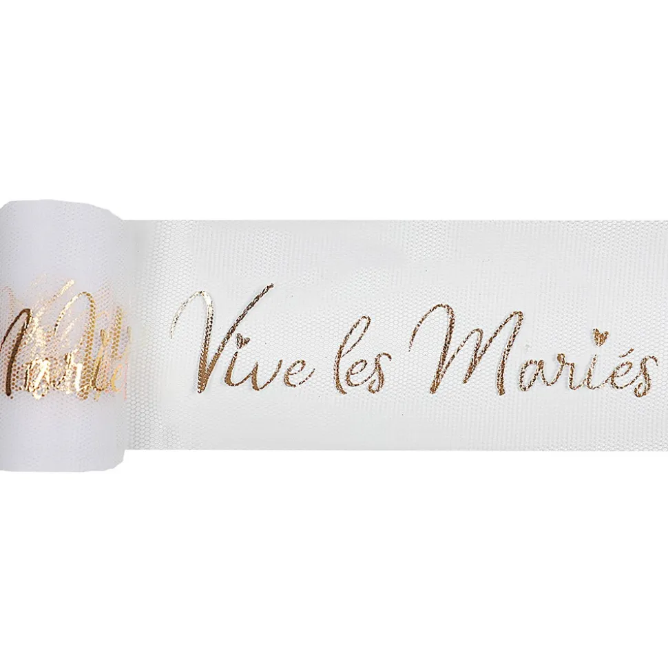 RUBAN TULLE POLYESTER VIVE LES MARIÉS 8CMX10M OR