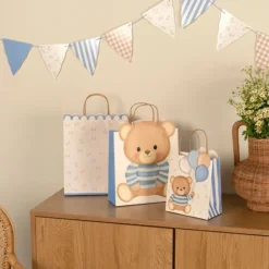 SAC CADEAU CARTON BÉBÉ OURSON NUD 26X10X32CM BLEU